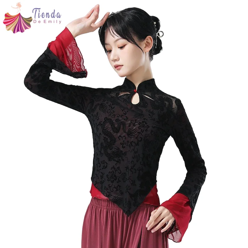 

New Chinese Body Rhyme Top Women Flock Flower Classical China Folk Dance Shirt Long Horn Sleeve Elegan Flowy Shirt Contrast New