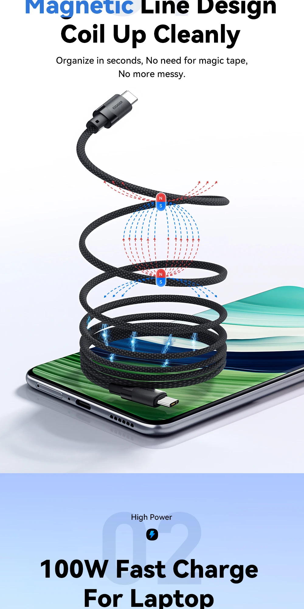 Essager USB C auf C 100 W magnetisches Schnellladekabel für iPhone 15 65 W Typ C auf C Datenladekabel für Laptop Samsung – Detail 2