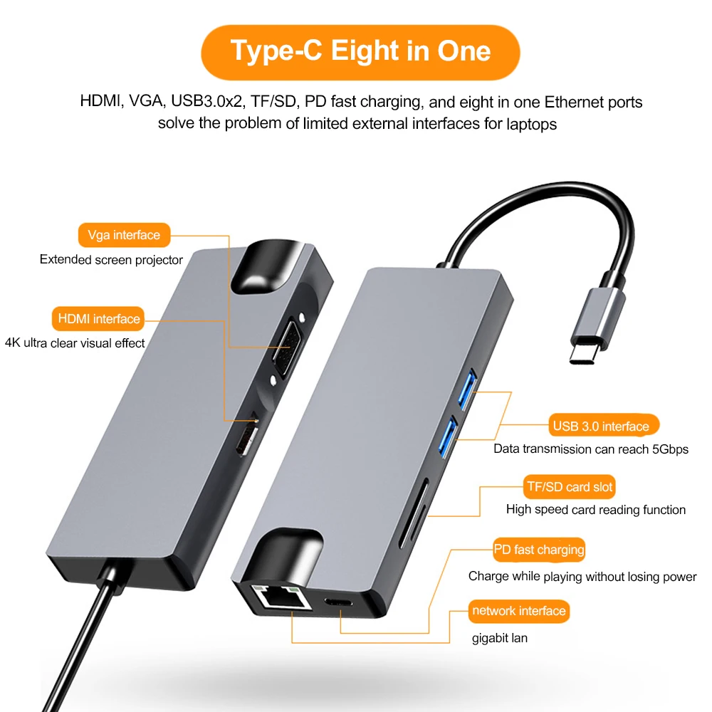 Type C HUB USB 3.0 USB C to HDMI 4K 30HZ Docking Station RJ45 100/1000Mbps Ethernet Adapter VGA Extender PD 87W For Laptop PC