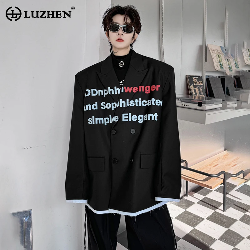 

LUZHEN 2024 Spring Letter Pattern Printed Design Loose Casual Blazer Coat Men's High Street Double Breasted Suit Jacket LZ1203