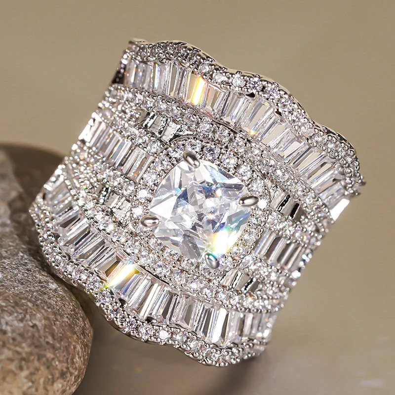 Huitan Wunderschöne gepolsterte blaue/weiße CZ-Eheringe für Frauen, funkelnde Verlobungsfeier, Damen-Accessoires, moderner Modeschmuck – Detail 10