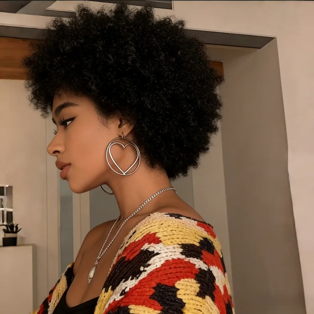 아프로 곱슬머리 픽시 인모 가발, 기계식 제작 엉킴 없는 최소 탈모량 가발, 자연스러운 두피 느낌의 짧은 곱슬머리