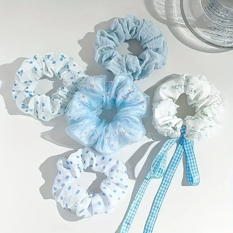7PCS Sky Blue Lace Fabric Hair Ties & Rings Set for Women – Sweet Hair Accessories for Parties, Weddings & Valentine's Gift