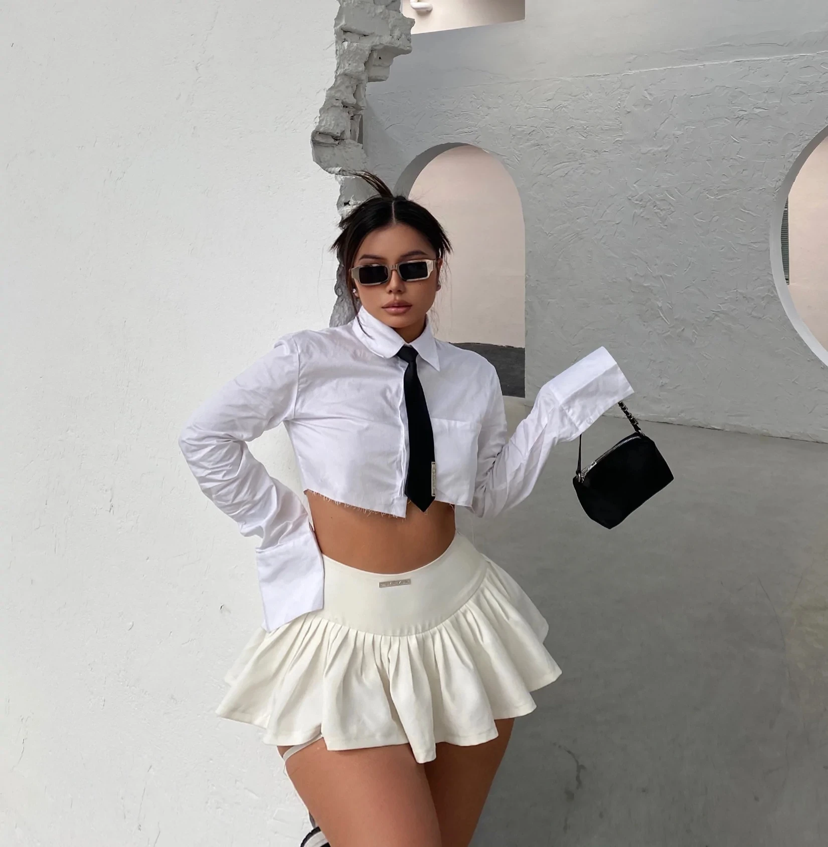 

Women's fashion solid color pleated skirt adult casual low waist letter label skirt lined with white shorts