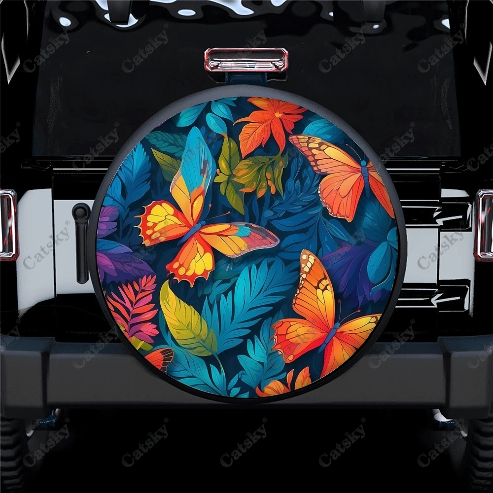

Универсальная крышка для запасных колес с тропическими листьями и бабочками из полиэстера, пользовательские покрышки для прицепа, фургона, внедорожника, грузовика, кемпера