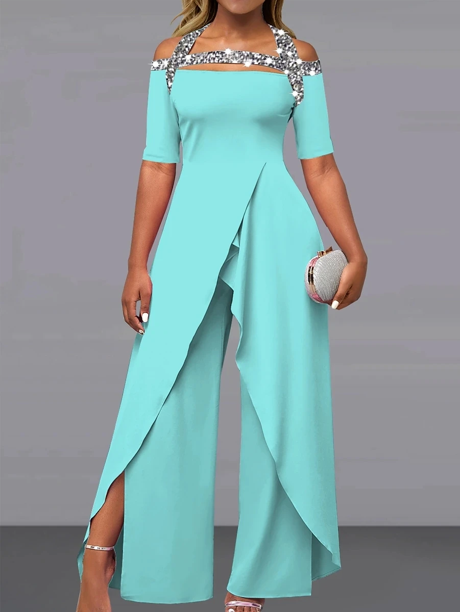 Women's Jumpsuit Off Shoulder Elegant Party Office Wide Leg Regular Short Sleeve Summer Solid color printing overalls