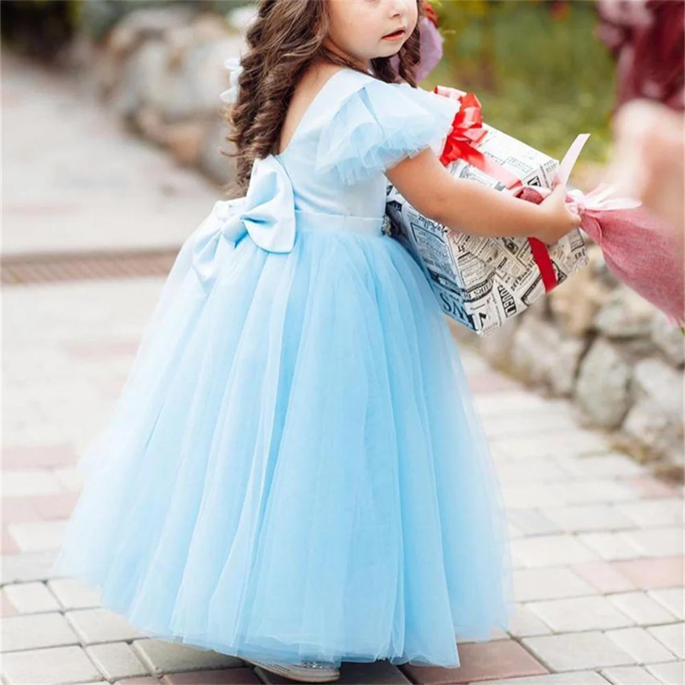 

Flower Girl Dress Tulle Lace First Communion Dresses Sleeveless Bow Belt Princess Bridesmaid Wedding Party Dream Kids Gift
