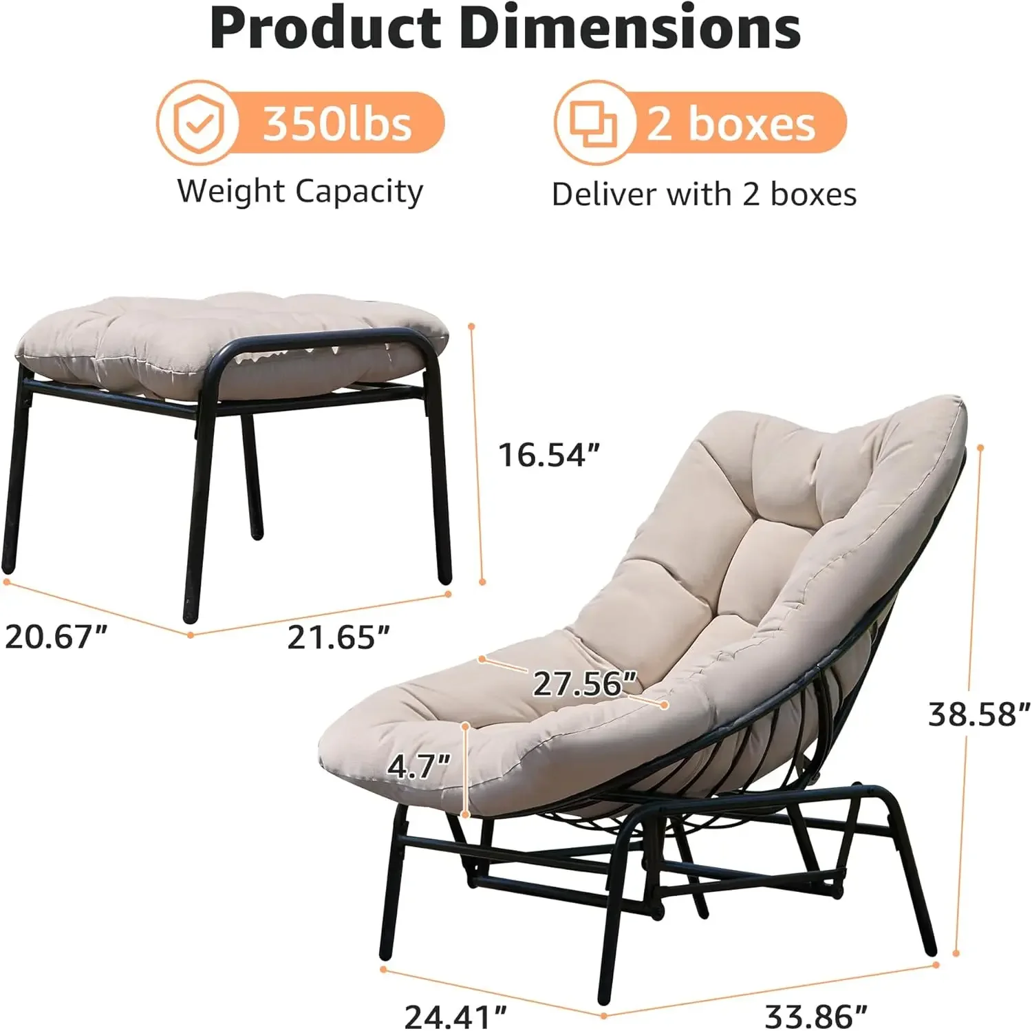 NEW-Lounge Chair Outdoor with Ottoman, 2-Piece Gentle Rocking Chaise Lounge Set, 4.7" Removable Cushion & Sturdy Frame