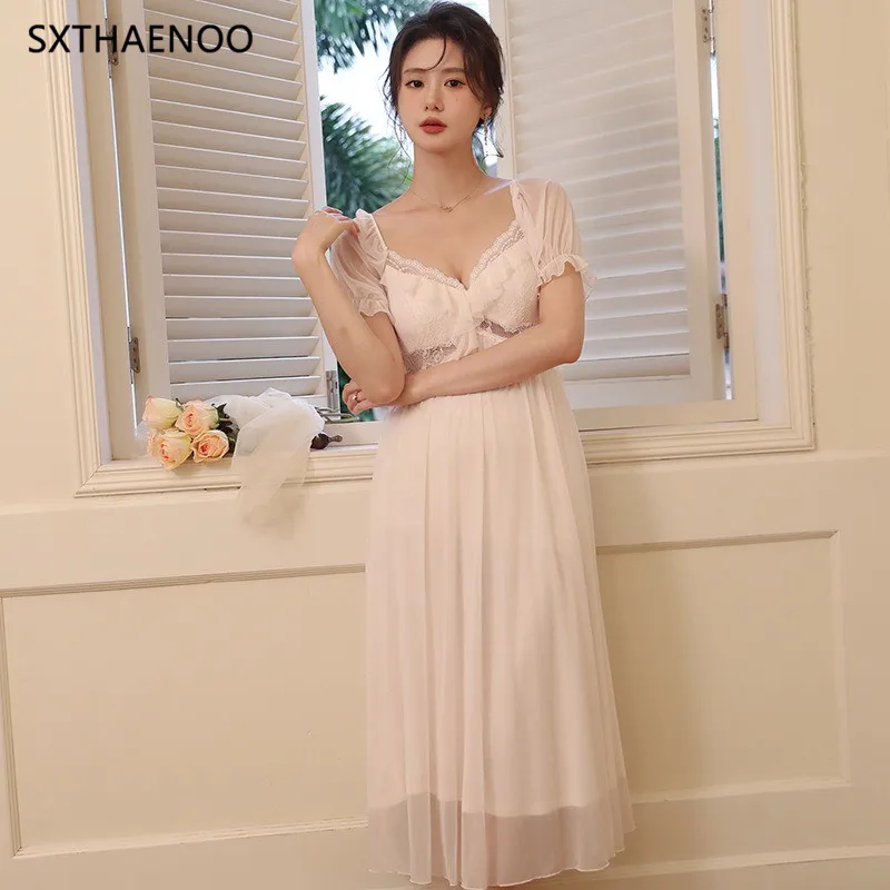 

SXTHAENOO 2023 New White Mesh Nightdress Womens Backless Perspective Home Dress Lace Cute Nightgown Summer Tempt Sleepwear