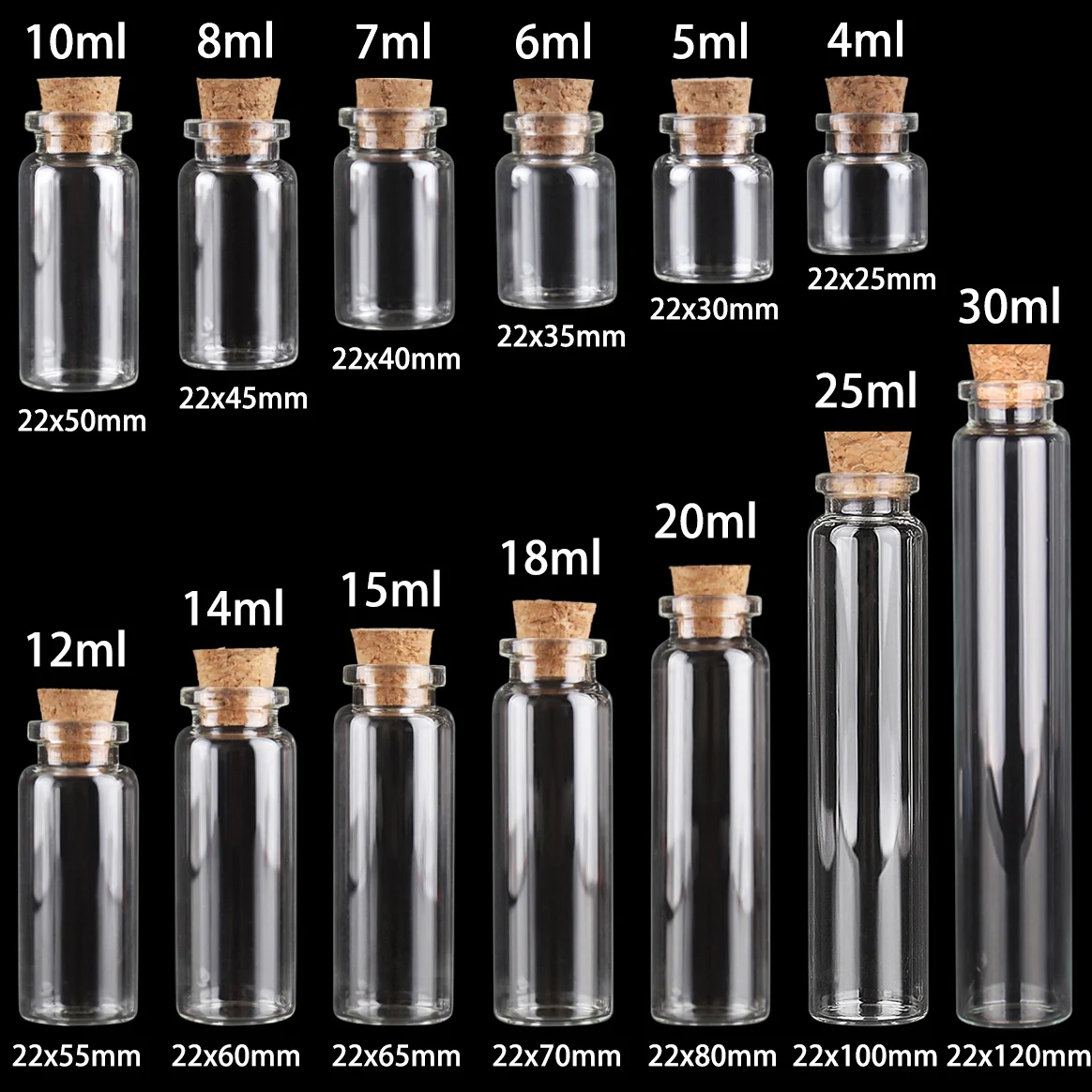 Glass Bottles 50pcs/100pcs 4ml/5/6/7/8/10/12/14/15/18/20/25/30ml Tiny Glass Bottles with Cork mini Glass Jars Vial for Home Decoration Crafts