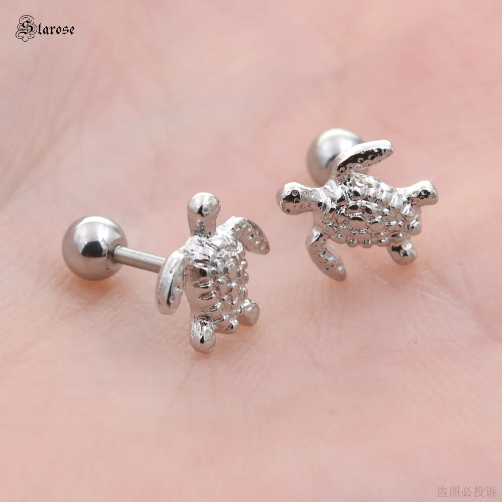 

2Pcs 18G 1.0c6mm Sea Turtle Earring Stud Surgical Steel Bar Helix Tragus Piercing Ear Piercing Cartilage Earrings Body Jewelry
