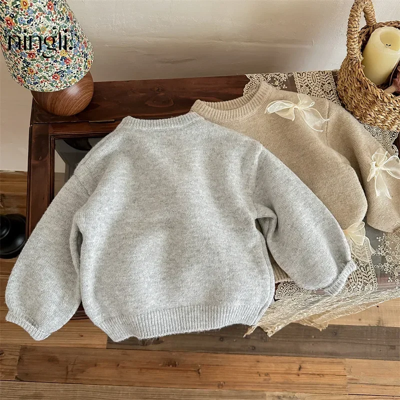 Winter Sweater 4864-1 Children's Clothes Girl Sweater Autumn Winter Korean Fashion Girl's Knitted Sweater Bow Tops Toddler Sweatshirt