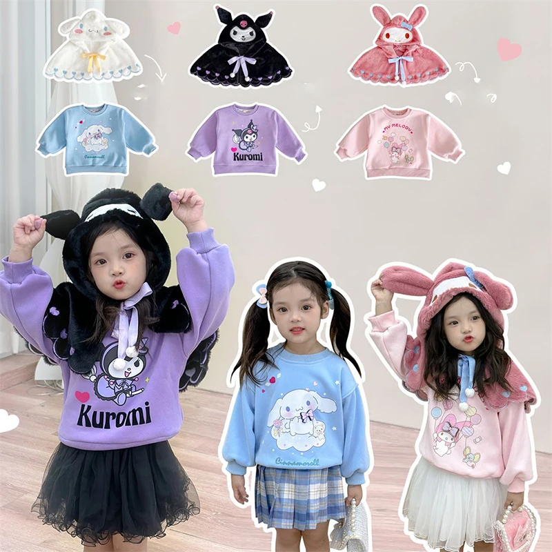 

Sanrio Kawaii Anime My Melody Wintertime Children Hoodie Cute Cinnamoroll Kuromi Cartoon Warm Plush Shawl Cloak Gifts for Girls