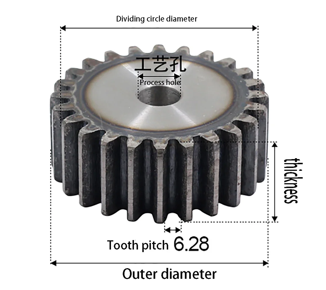 M2 45# Steel Cylindrical Gear 10T/11T/12T/13T/14T/15T/16T/17T/18T/19T/20T/21T/22T/23T/24T/25T Metal Pinion Chain Pitch 6.28mm