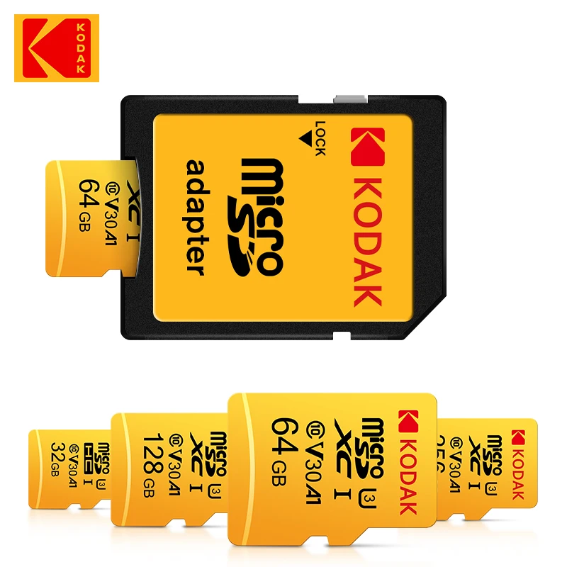 KODAK 마이크로 tf SD 카드, 고속 4K SDXC SDHC 클래스 10 V30, 128GB, 256GB, HS-I HD SLR 디지털 카메라 메모리 카드, 32GB, 64GB