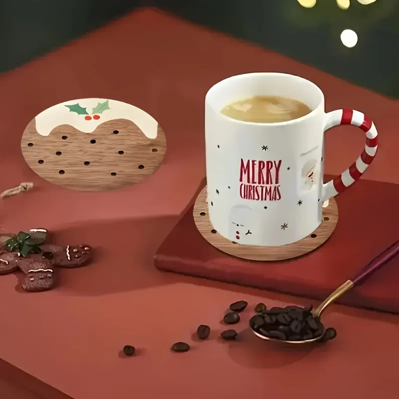 4pcs Retro Wooden Coaster Cookies Pies Cartoon Pattern Anti-scald Wooden Cup Mats Home coffee Cups Decor Christmas Gift