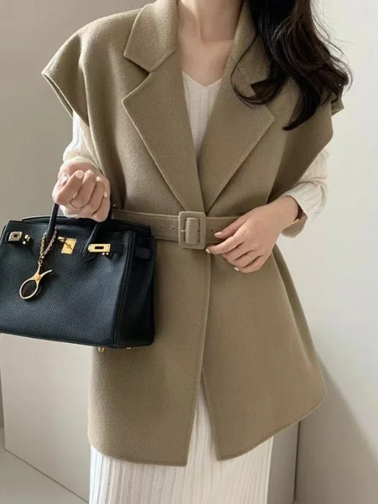 

Autumn Women's Vest 2023 Solid Color Waistband Shows Slimming Suit Collar Sleeveless Temperament and Tie Up Jackets for Women