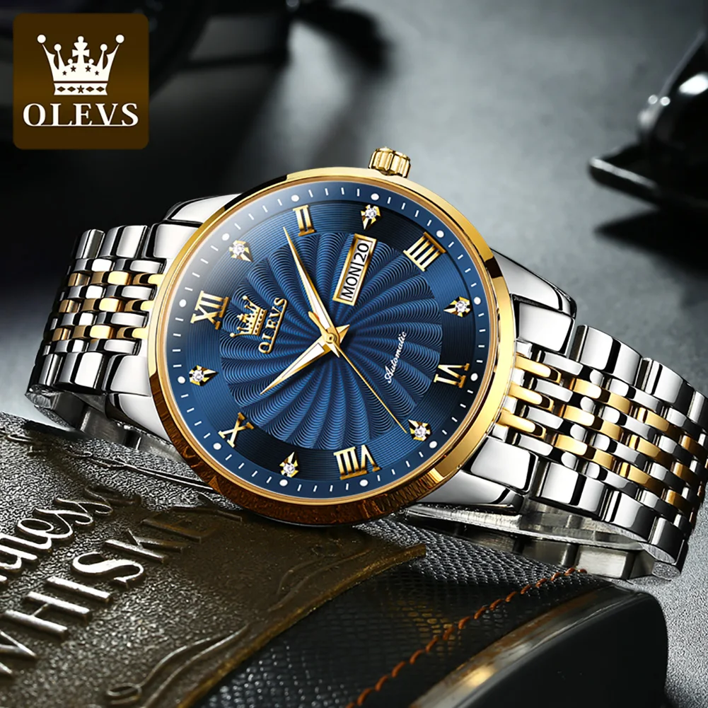 OLEVS Business Men Mechanical Watch Stainless Steel Waterproof Luminous Date Week Fashion Blue Mens Watches Relogio Masculino