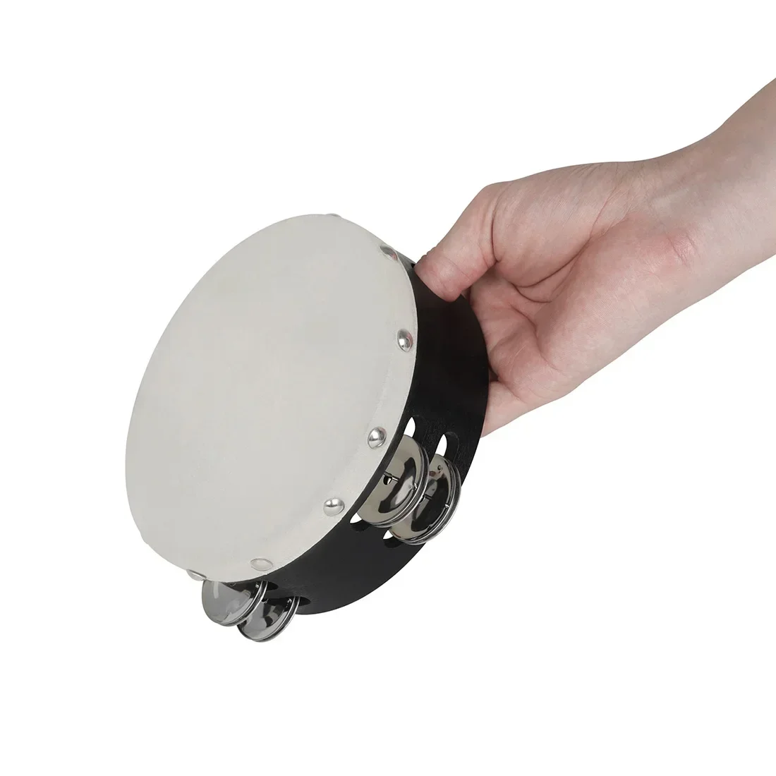 Orff 2 Pcs Tambourine 6 Inch 8 Inch Hand-Ranked Bell Drum Double Row Sheepskin Hand-shake Wooden Music Enlightenment Instrument
