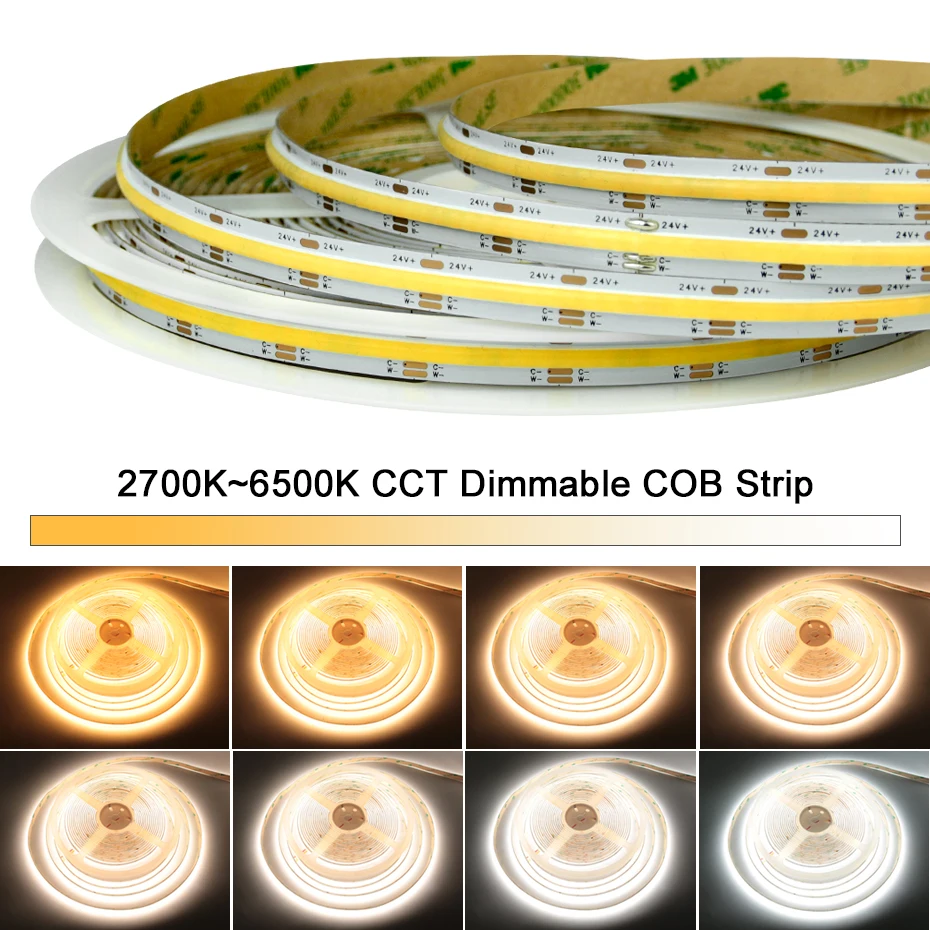 

Dimmable 5M 10M CCT COB Led Strip 24V 560LEDs/m White Color 2700K to 6000K Changeable RF Dimmer Control LED Tape Lights Adhesive