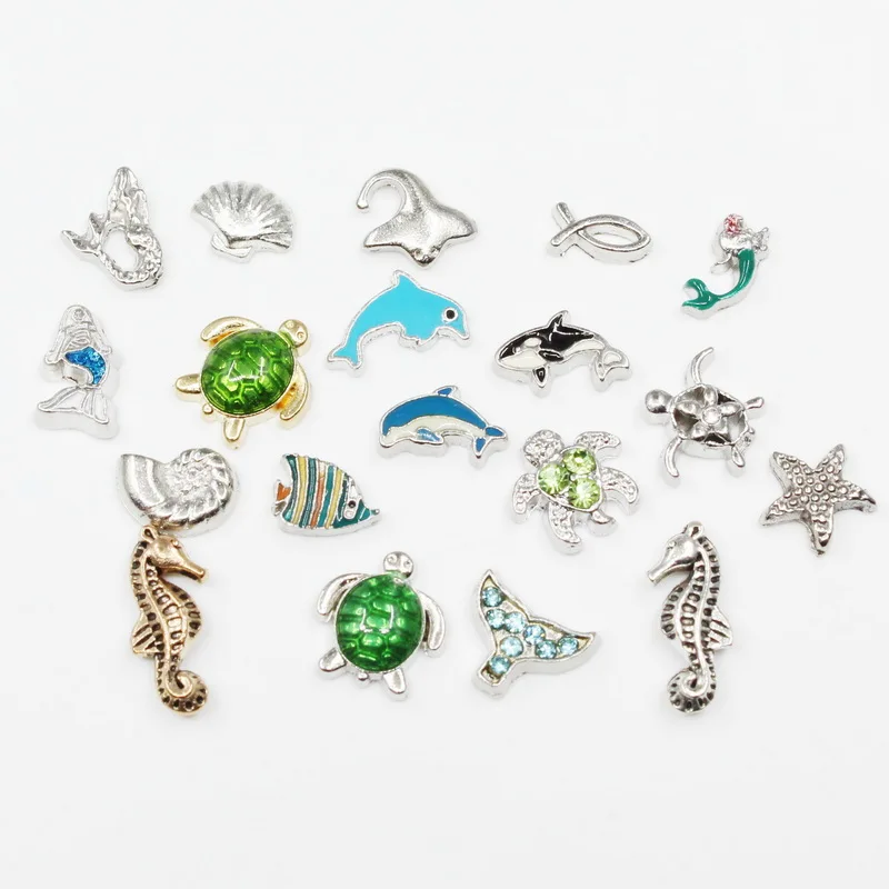 

Sea Animals Mermaids Turtles Seahorses Dolphins 20pcs/Lot Floating Charm Living Glass Memory Lockets DIY Jewelry Accessories