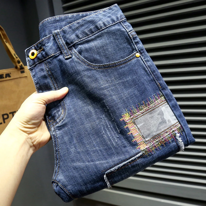 EH·MD® Men's Denim Shorts Light Blue Hand Embroidered Pasted Cloth Small Leg Midpants Elastic Hole Cotton Summer Flanging New