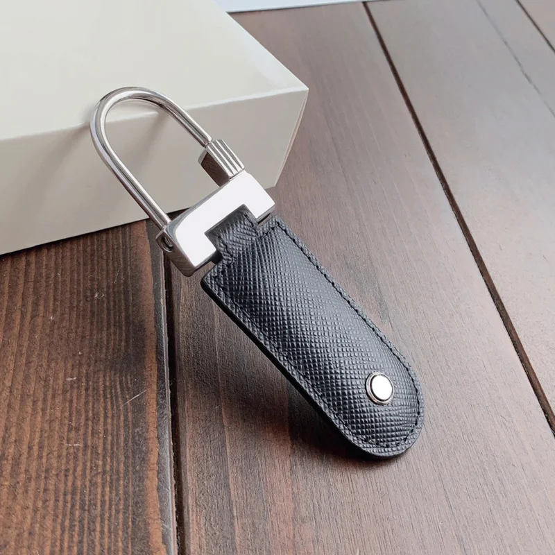 PJS Luxury MB Blue Black Cross & Lychee Patterns Leather Key Chain 316 Stainless Steel U-shaped Ring Classic Keychain With Box