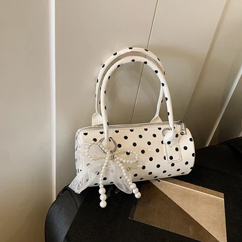 Borsa a Tracolla da Donna con Motivo a Pois, Stile Retrò Boston, Borsa Cilindrica con Cerniera, Piccola Borsa Sottobraccia
