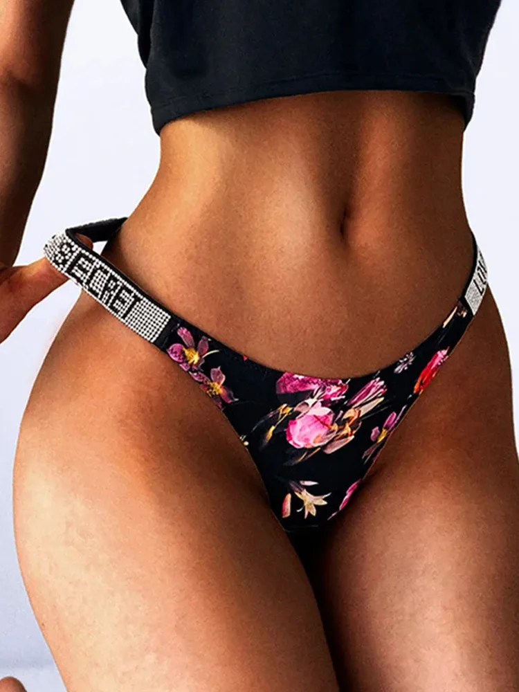 Women Panties Low Waist Sexy Thongs Rhinestones Letter Diamonds G-string Athletic Cosy Shorts Briefs T-back Fitness S-XL