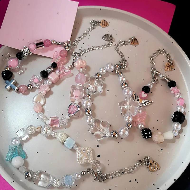 Goth Harajuku Cute Y2k Handmade Aesthetic Heart Star Charm Beads Bracelet For Women Girl Vintage Grunge EMO 2000s Accessories 2