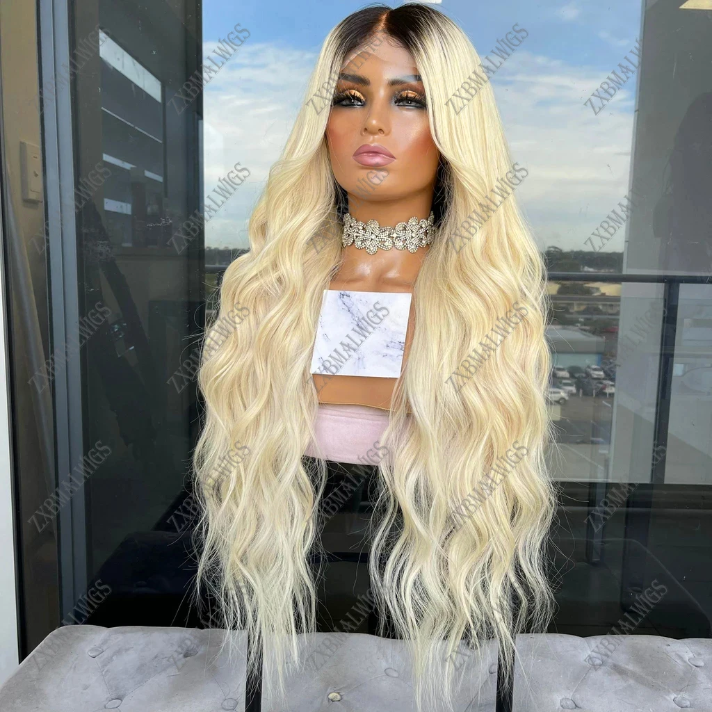 

Body Wave 26 Inches Long Glueless 1B613 Blonde Ombre Synthetic Lace Front Wig With Baby Hair Heat Temperature Daily Cosplay Wi