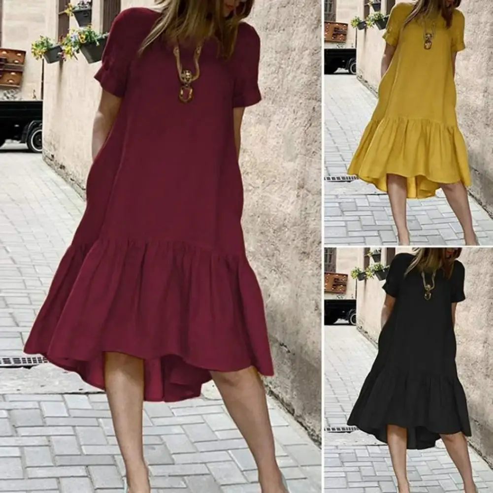 

Women Solid Color Dress Stylish Women's Ruffle Hem Midi Dress Casual A-line Knee Length Beach Dress with Short Sleeves Patchwork