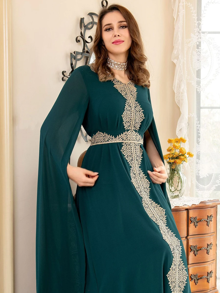 Chiffon Kaftan for Women Long Arabic Dress Cape Sleeves Arabian Evening Party Gown Banquet Caftan Muslim