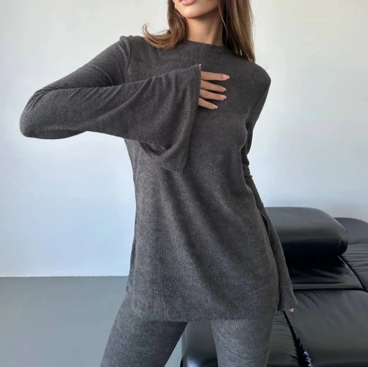 Women's Fashion Set 2024 Spring/summer Latest Solid Color Street Style Personalized Slimming Knitted Long Sleeved Top Pants Set