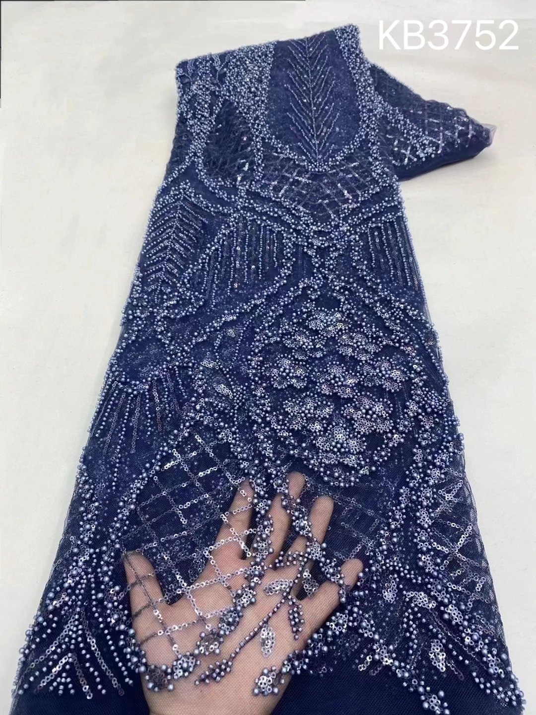 

Navy Blue Beaded Lace Fabric Nigerian French Net New African Fabrics 2024 White Beaded Lace Fabric Sequins Net for Sewing KB3752
