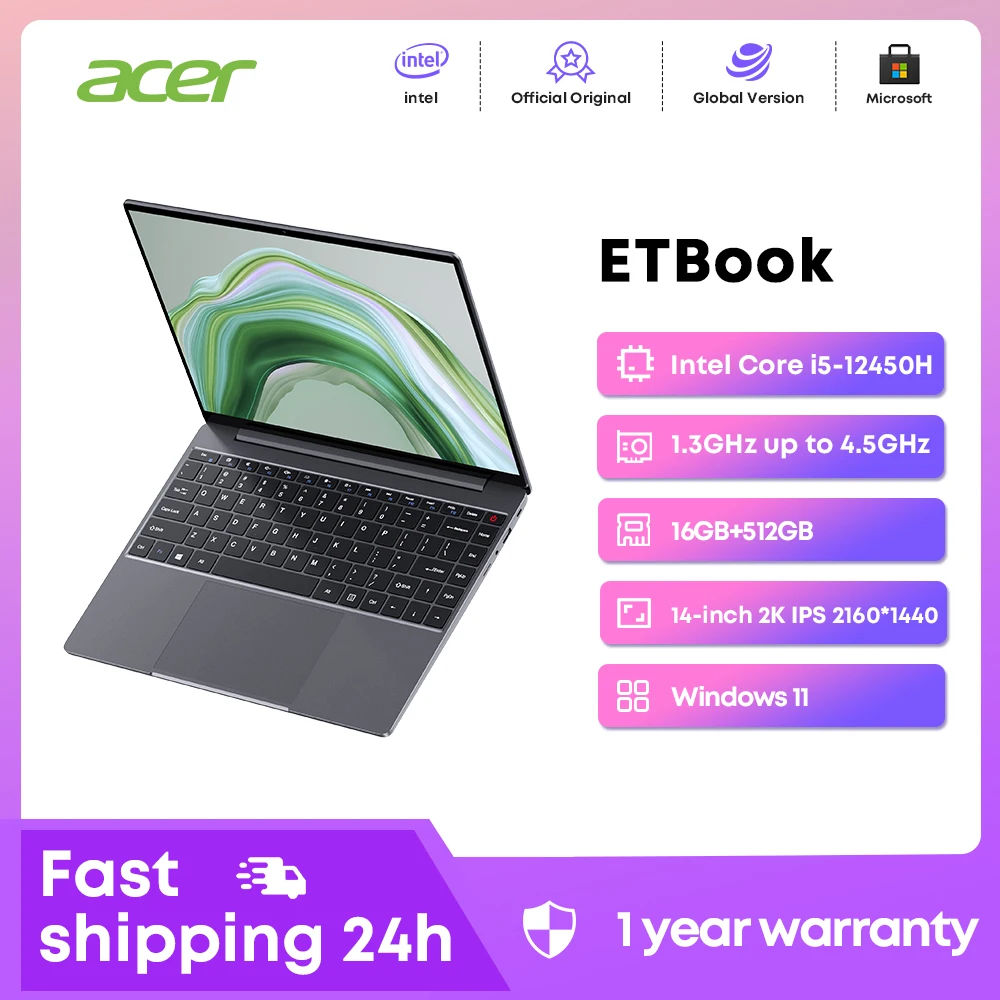 

ACER ETBook Laptop 14" 16GB LPDDR4 512GB SSD intel i5-12450H Graphics for 12th Gen Computer 2160*1440P Notebook Windows 11 WiFi6