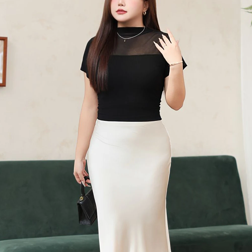 Plus Size Commuter Mesh Panel Modal Stand Collar Slim Fit Short Sleeve T-Shirt For Women Spring Summer Good Quality