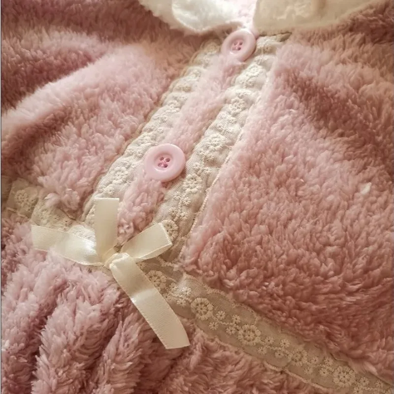 2024 New Doll Collar Sweet Princess Style Pajama Set Women Winter Cute Sleepwear Coral Velvet Warm Thicked Loose Homewear Suit