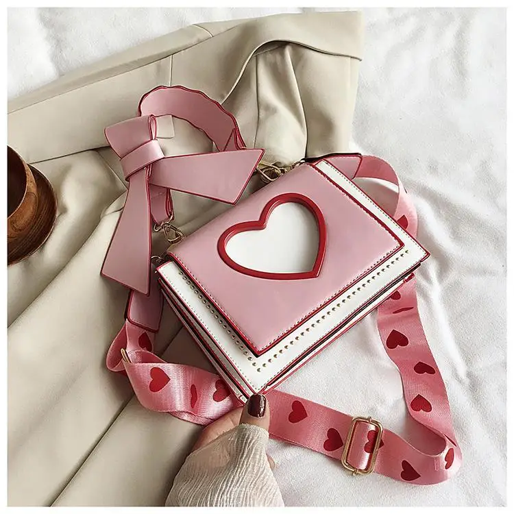 Xiuya Sweet Cute Womens Shoulder Bag Korea Wide Straps Heart Hollow Messenger Bag For Women Small Handbags Envelope Purse