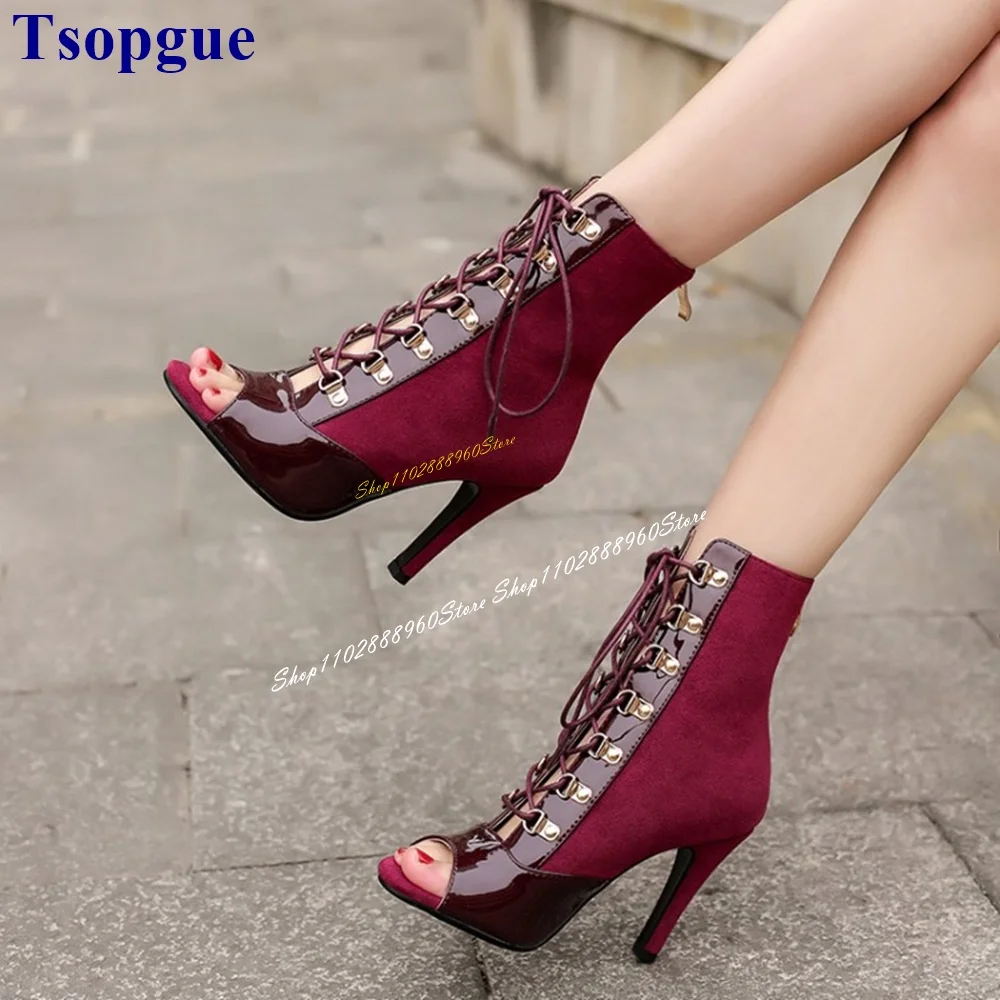 

Casual Cross Tied Burgundy Splicing Ankle Boots Thin High Heel Women Shoes Back Zipper Peep Toe 2024 Fashion Zapatos Para Mujere