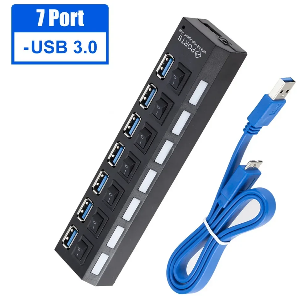 7-Port USB 3.0 Hub with Power Adapter and Individual Switches