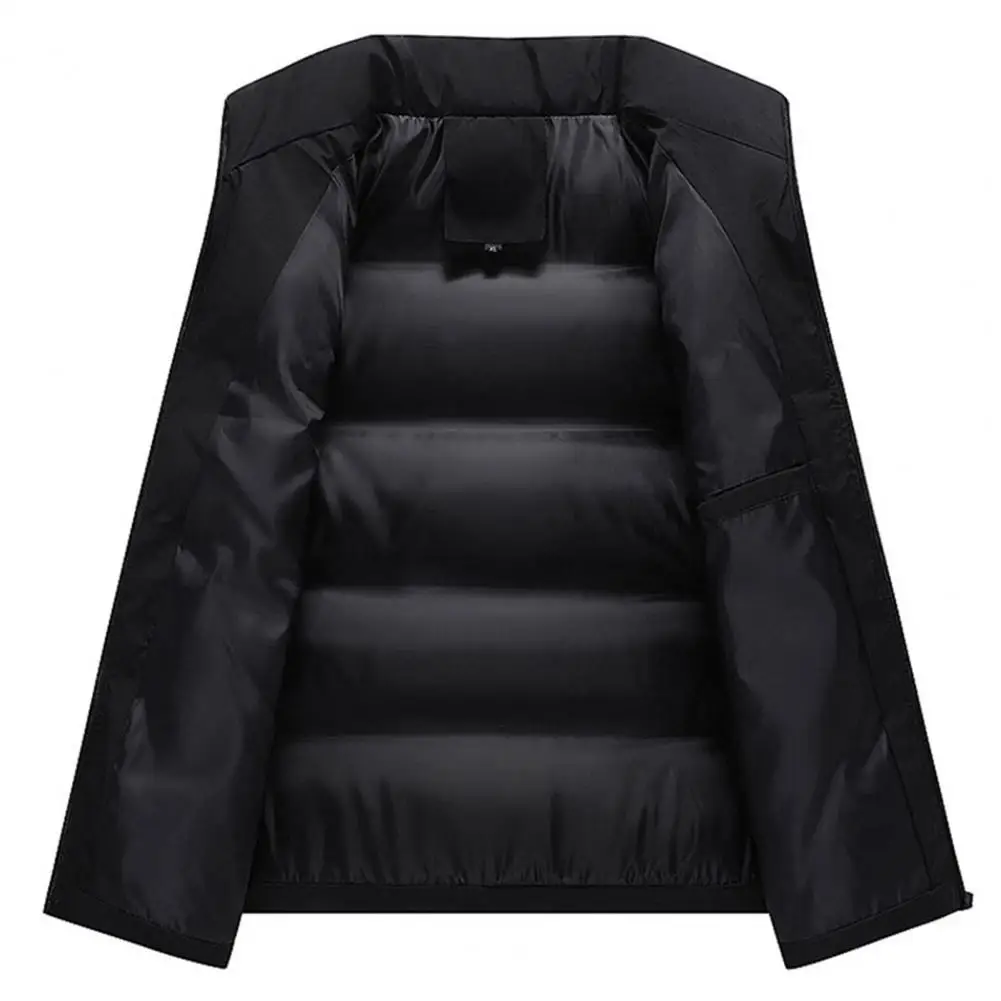 

Zipper Pockets Men Coat Windproof Men's Winter Vest with Stand Collar Padded for Warmth Multiple Zipper Pockets for Outdoor