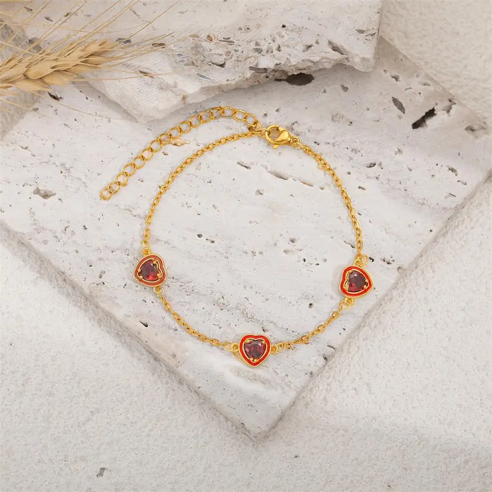 French Light Luxury Pink CZ Zircon Bracelet PVD Stainless Steel Romantic Heart Sparkling Rhinestone Delicate Hand Jewelry Gifts