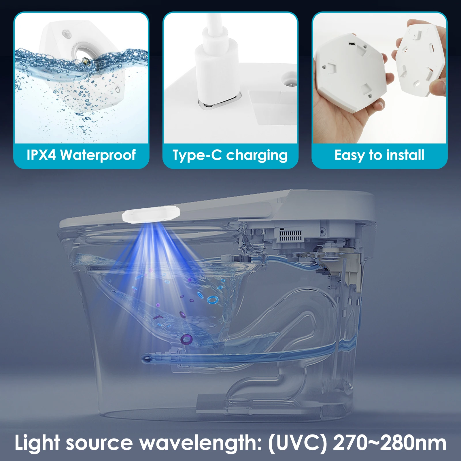 Toilet Bowl Light IPX4 Waterproof Toilet Sensor Light Rechargeable UV Sterilizer Body Sensor Seat