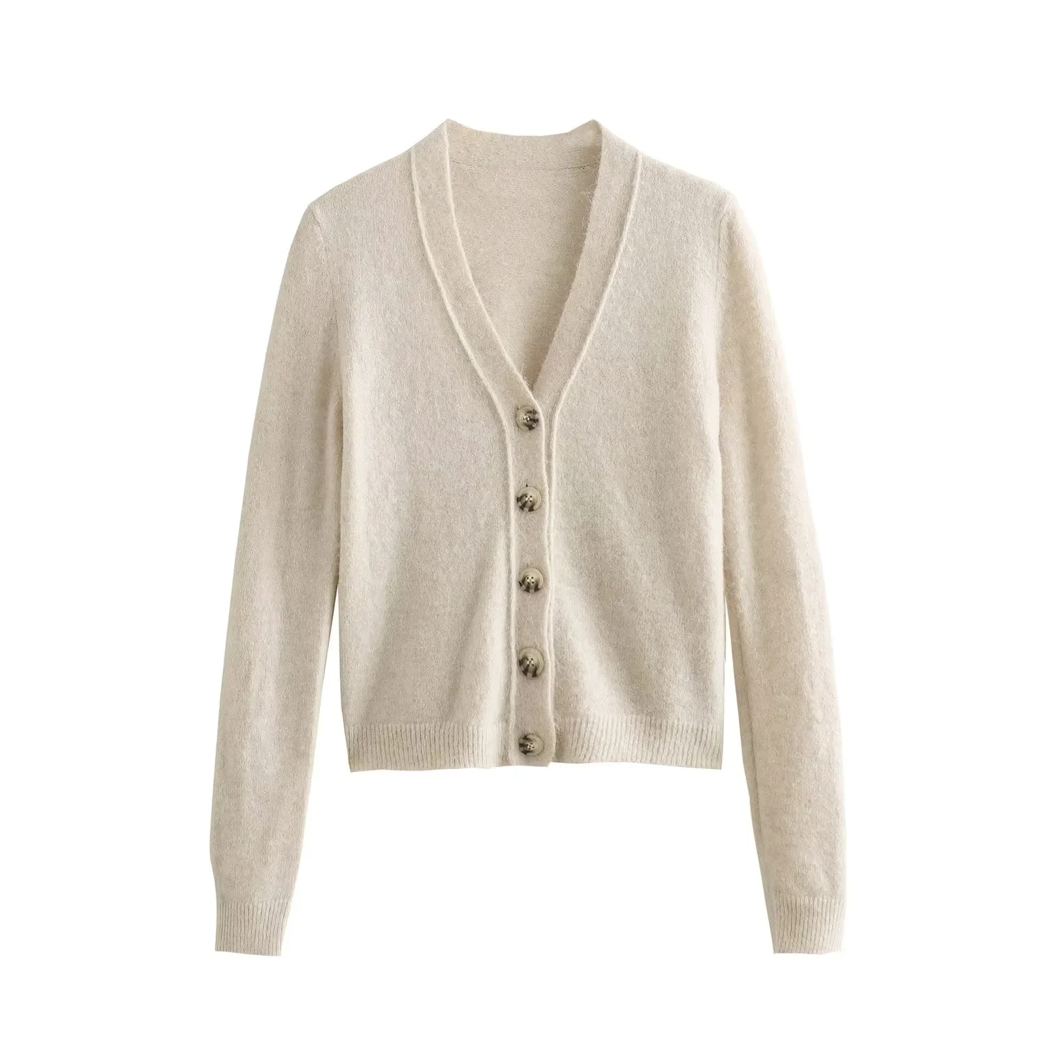 

TRAF Beige Knit Cardigan Women 2023 Vintage V-Neck Button Cropped Sweaters Woman Clothing Long Sleeve Tops Autumn New Knitwears