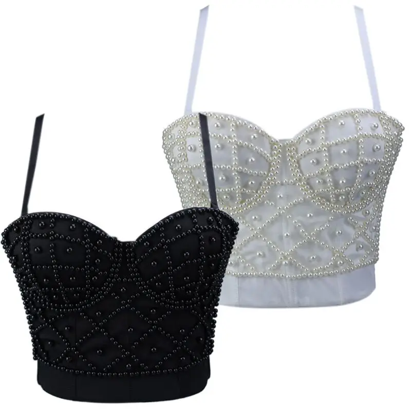 Women Sleeveless Crop Top Sexy Imitation Pearl Beaded Bustier Adjustable Spaghetti Straps Push Up Corset Club Bralette mesh bathing suit cover up