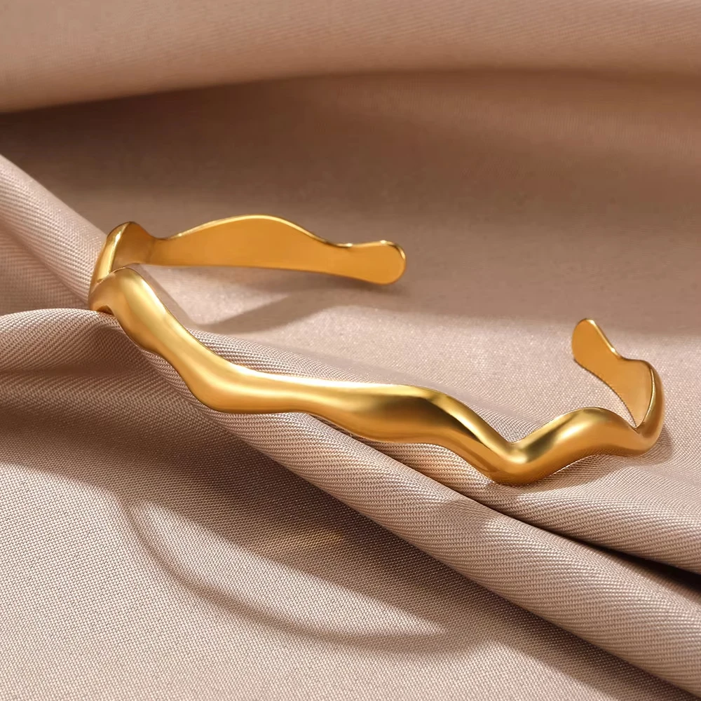 Stainless Steel Wave Open Bangle Bracelets for Women