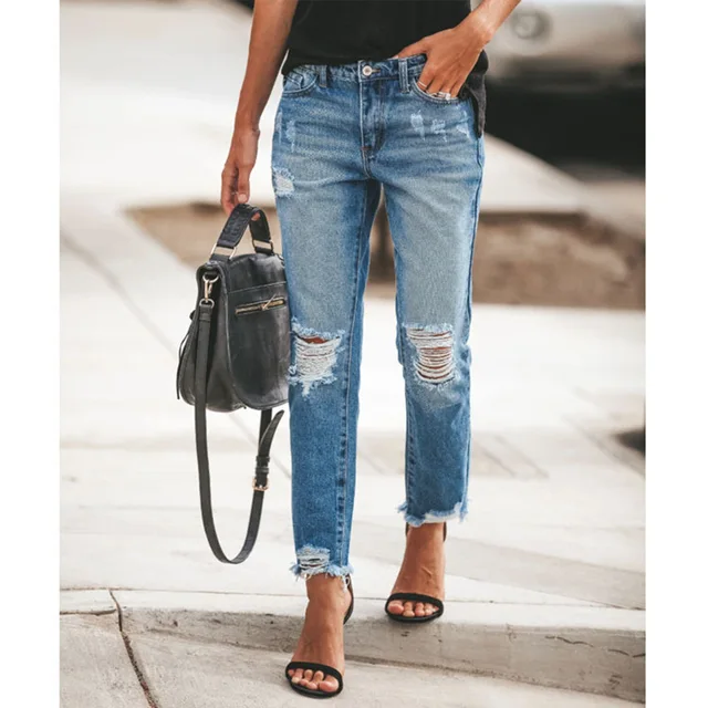 Jean droit déchiré délavé. Four Seasons Nouveaux jeans à la mode, personnalisés, décontractés et confortables de 9 pouces pour dames 1