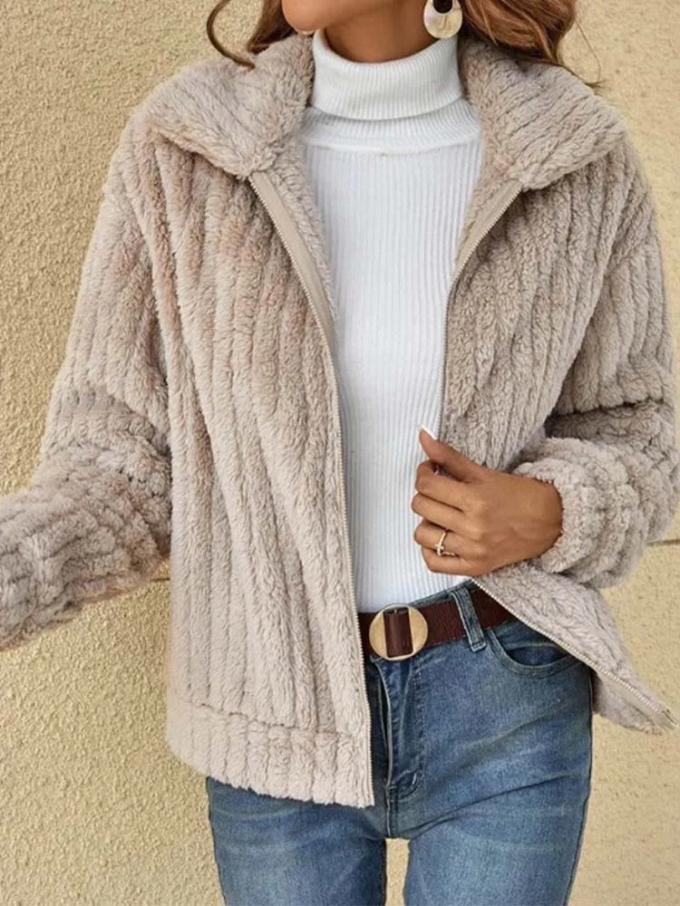 

Fleece Jackets Women Winter Oversized Warm Teddy Coat Female Vintage Faux Fur Plush Jacket Lady Zip Up Fuzzy Long Sleeve Outwear