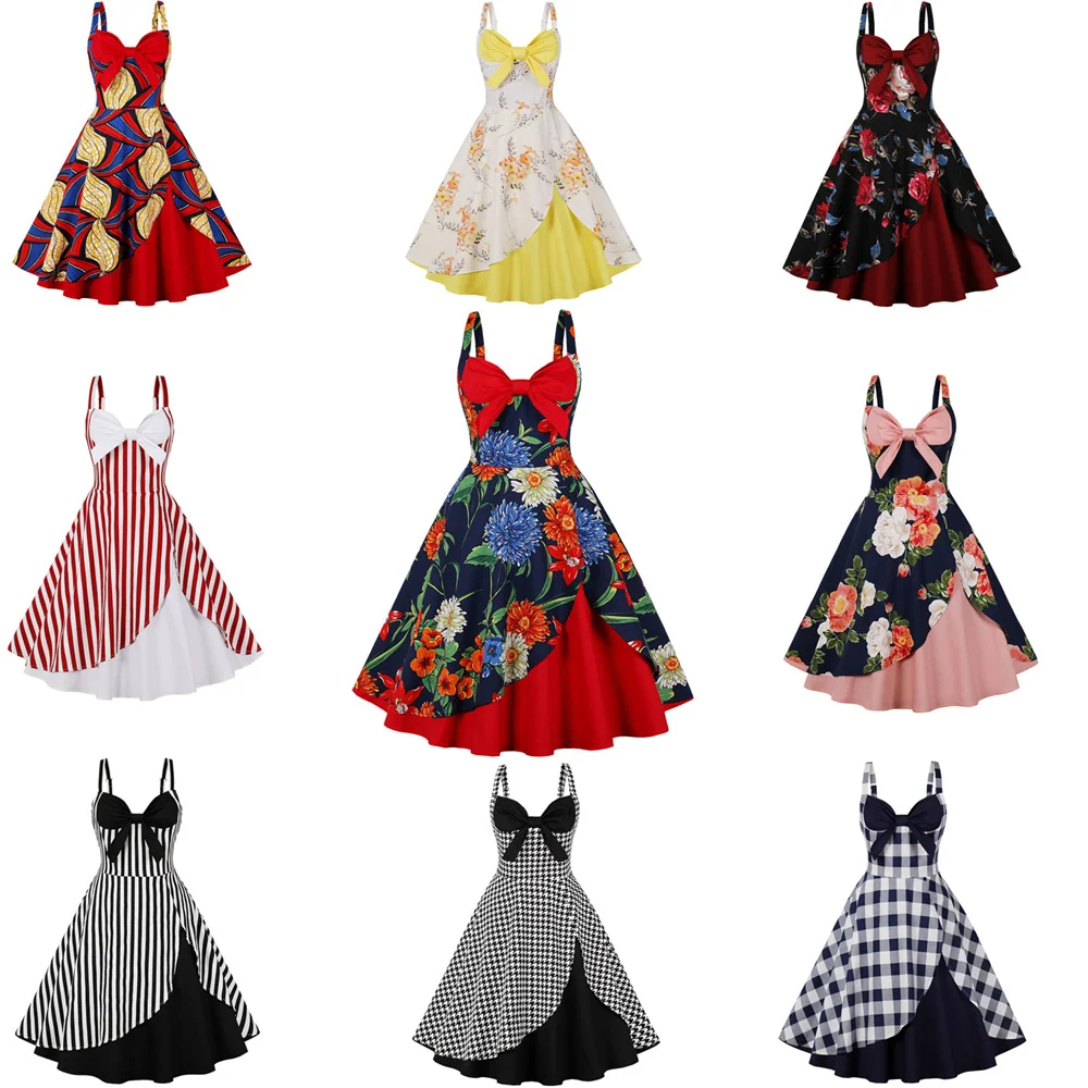 

Women Vintage Pattern Print Dress Retro Rockabilly Strap Suspenders Cocktail Party 1950s 40s Swing Dress Summer Dress Sleeveless